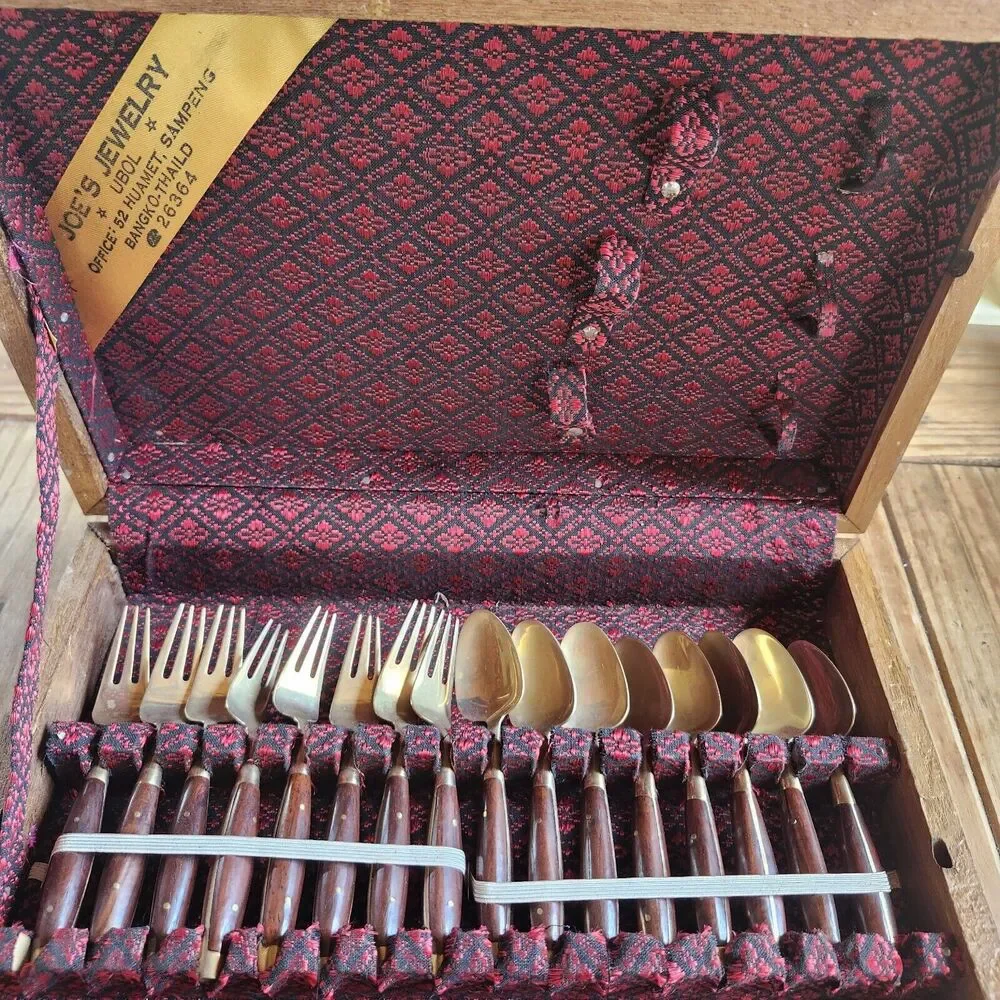 39 Pieces Beng Hwa Vintage Thai/Siam Flatware Set Teak Bronze Dessert Serving